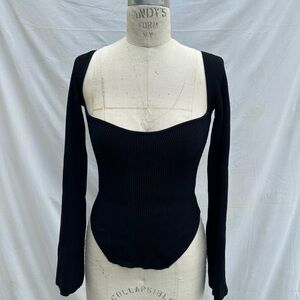 Elegant Rib Knit Black Long Sleeve Top